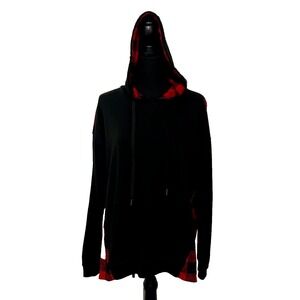 Active Women's Red Black Check Hooded Long Sleeve‎ Drawstring Neck Shirt L